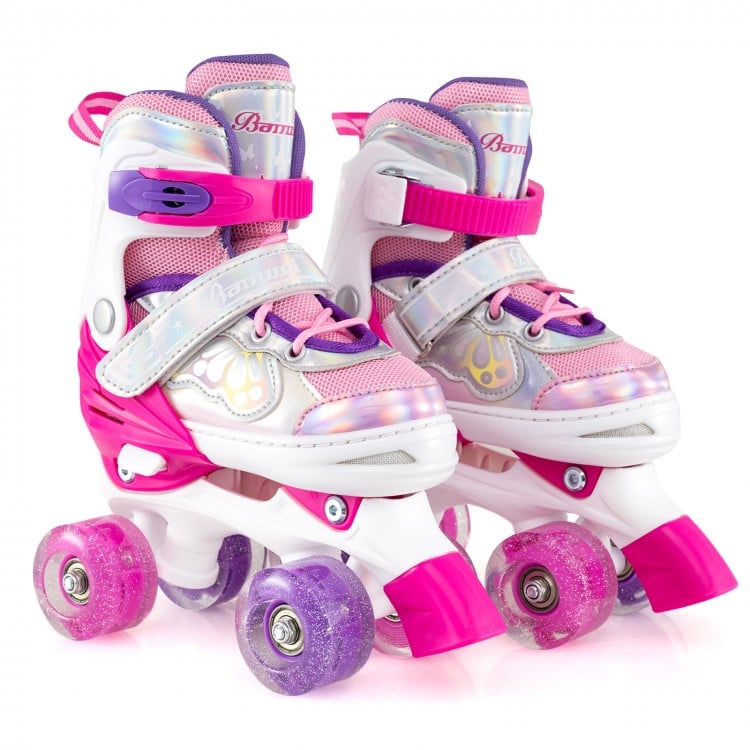 Adjustable kids roller skates in rose red with light-up wheels, featuring safety straps and breathable mesh for comfort.