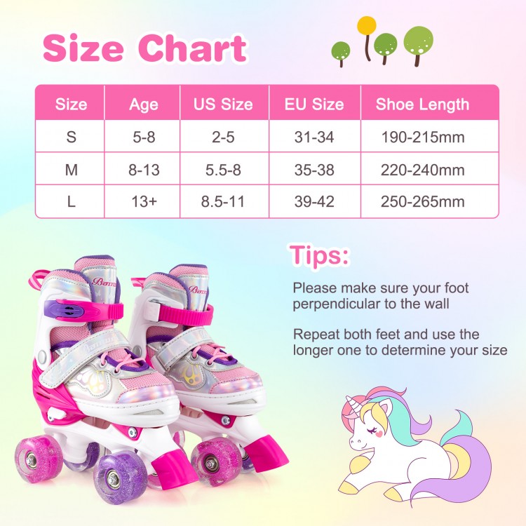 Kids roller skates in rose red with adjustable sizes, light-up wheels, and safety features for fun and secure skating.