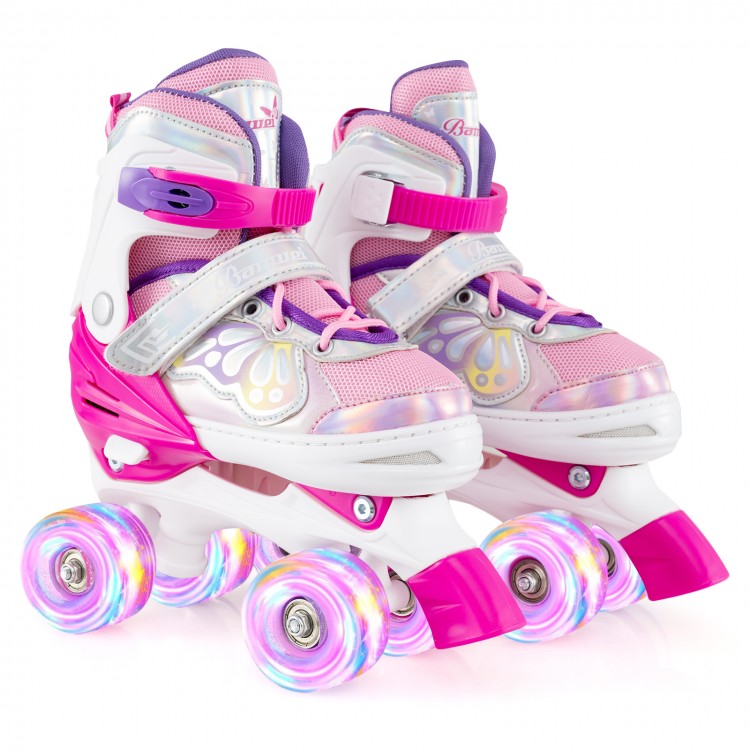 Adjustable kids roller skates in rose red with colorful light-up wheels and butterfly patterns for safe, fun skating.