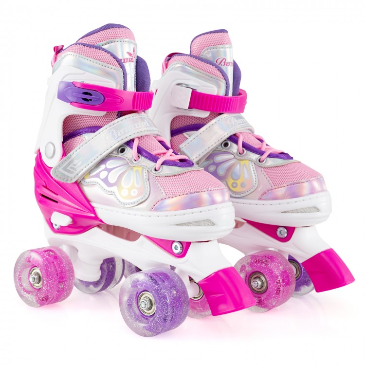 Kids roller skates in rose red with adjustable sizes, light-up wheels, and butterfly patterns for fun and safety.