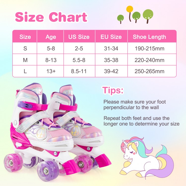 Adjustable kids roller skates in rose red with light-up wheels, featuring breathable mesh liner and upgraded brake for.