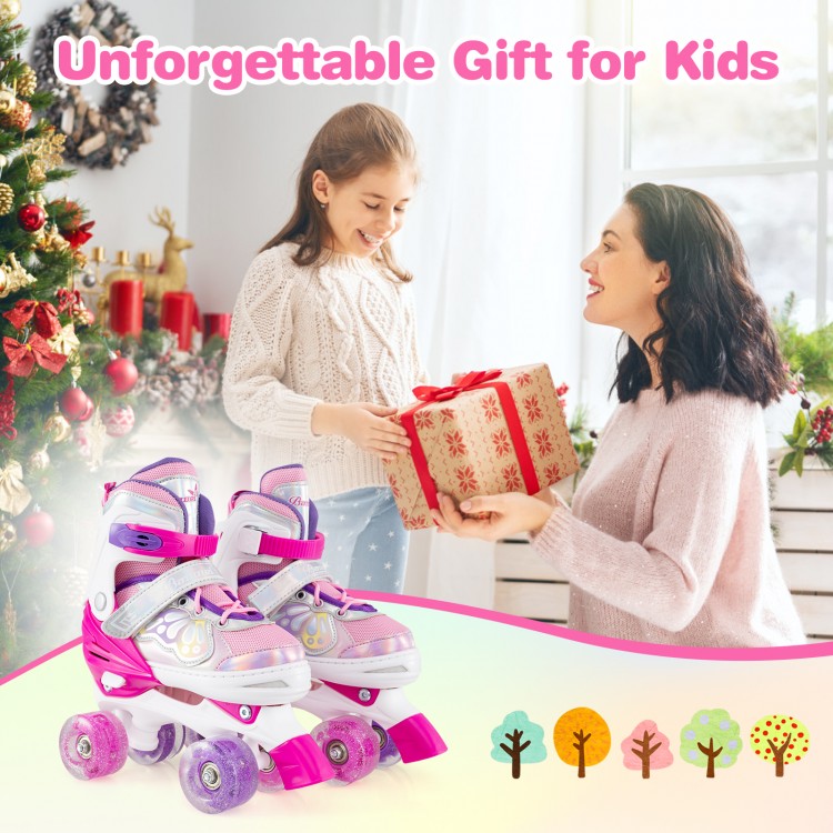 Kids roller skates in rose red with adjustable sizes and light-up wheels, perfect for fun and balance improvement.