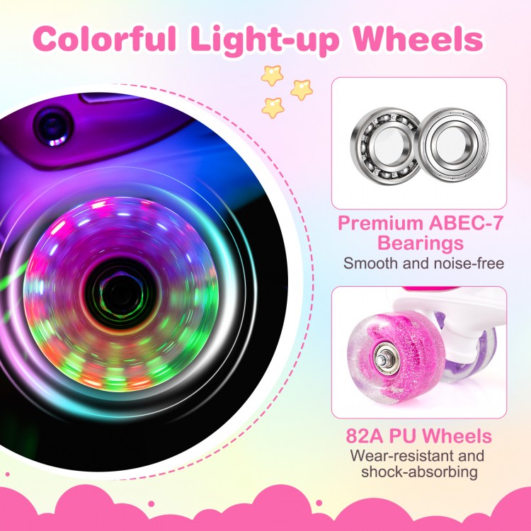 Kids roller skates in rose red with colorful light-up wheels, adjustable sizes, and premium ABEC-7 bearings for smooth.