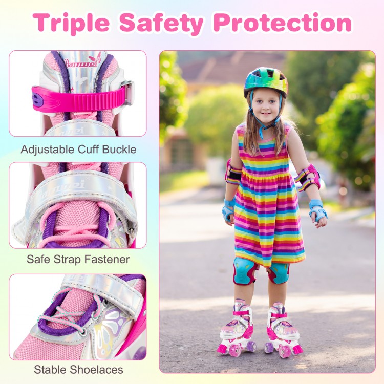 Kids roller skates in rose red with adjustable cuff buckle, light-up wheels, and stable shoelaces for safe skating.