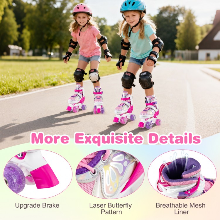 Kids roller skates in rose red with adjustable sizes, light-up wheels, and breathable mesh liner for safe, fun rides.