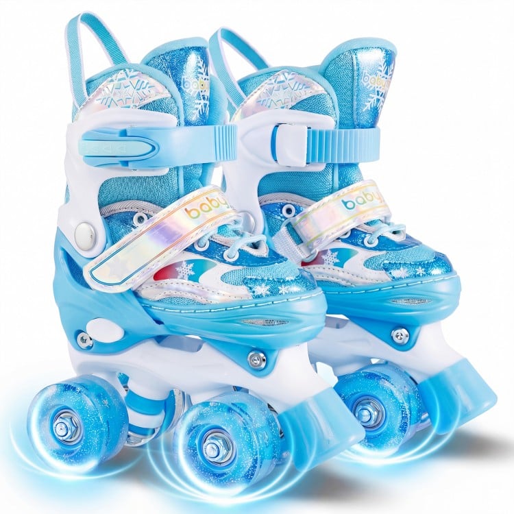 Adjustable kids roller skates in blue with light-up wheels, featuring a laser snowflake pattern for fun and safety.
