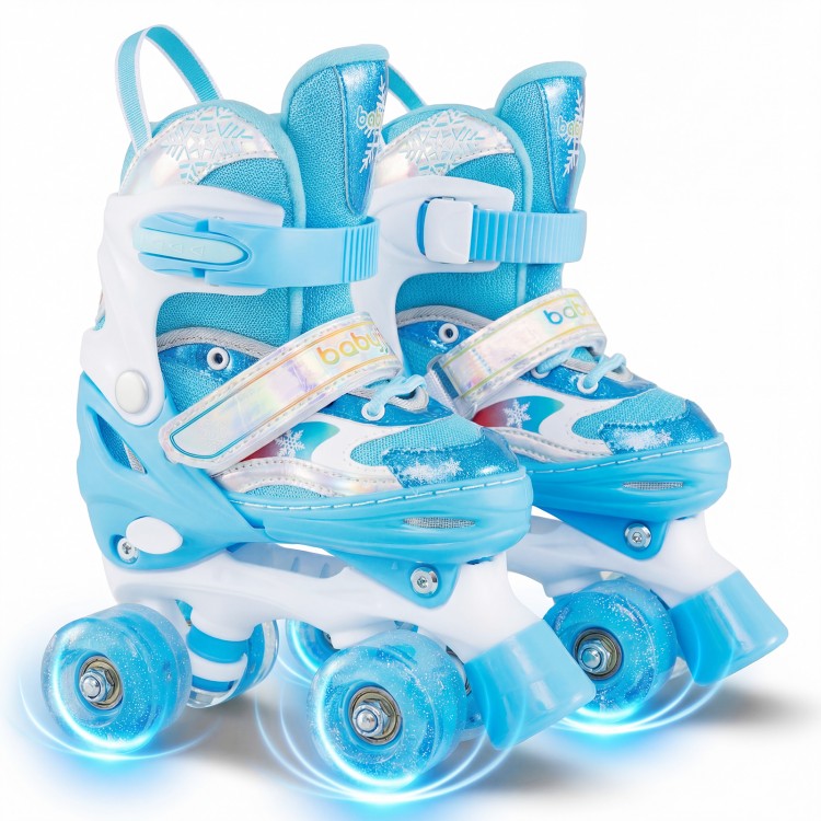 Adjustable kids roller skates in blue with light-up wheels, featuring a breathable liner and triple safety protection.