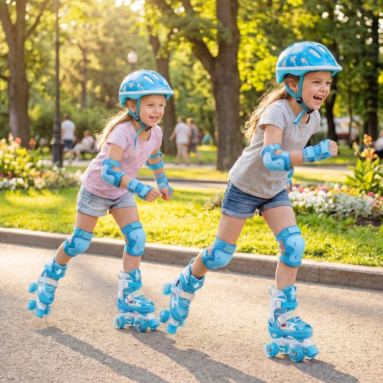 Two girls roller skating in a park wearing blue adjustable kids roller skates with light-up wheels for fun and safety.