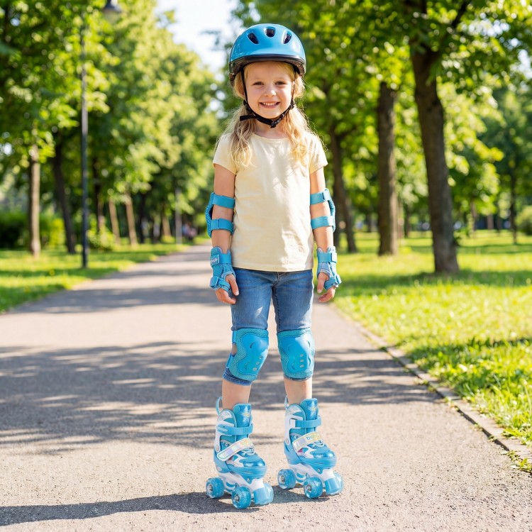 Kids roller skates in blue with light-up wheels, adjustable sizes, and safety features for toddlers aged 5-7.