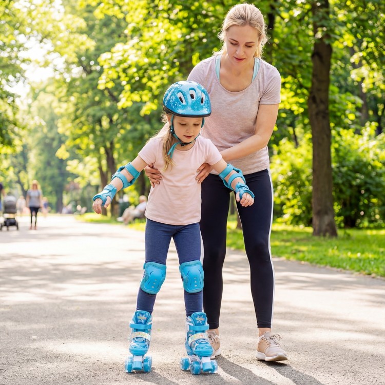 Child learning to skate in blue adjustable roller skates with light-up wheels, supported by an adult in a park.