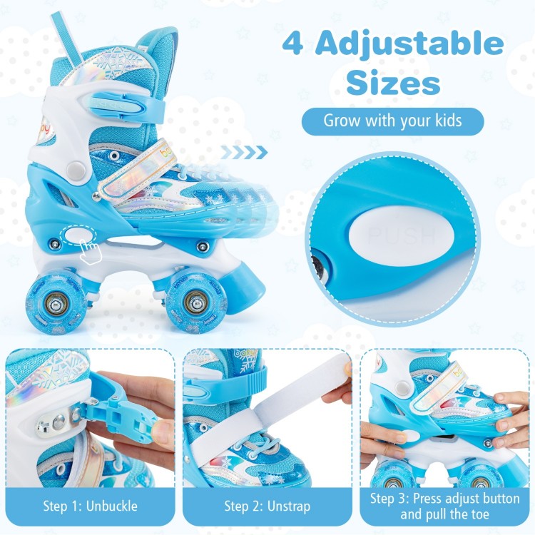 Kids roller skates in blue with adjustable sizes and light-up wheels, perfect for toddlers aged 5-7 for fun and safety.