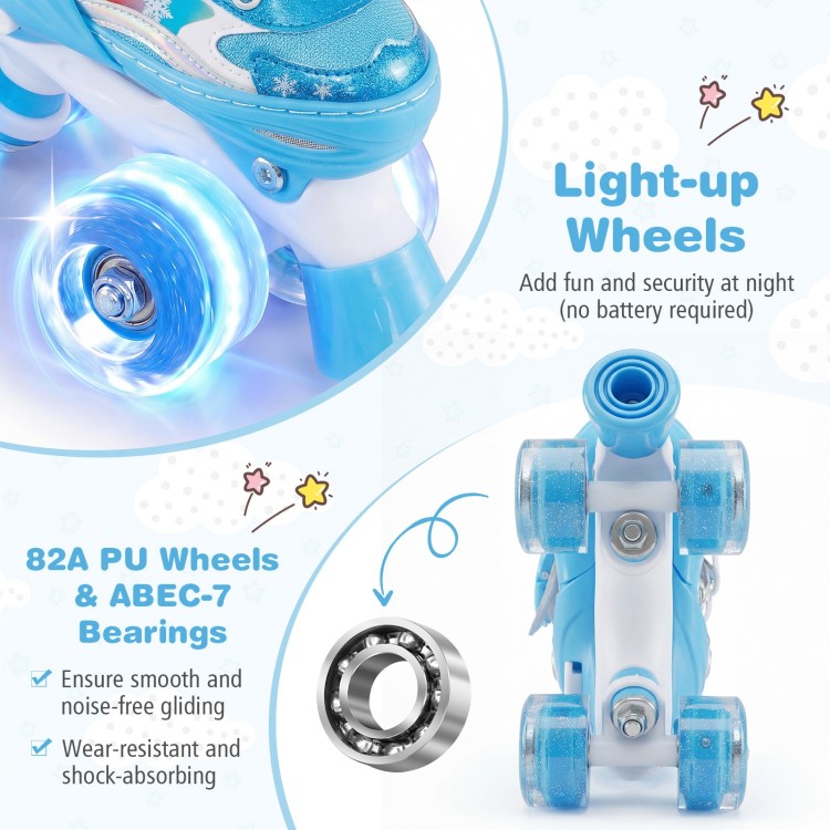 Kids roller skates in blue with light-up wheels, adjustable sizes, and wear-resistant 82A PU wheels for smooth gliding.