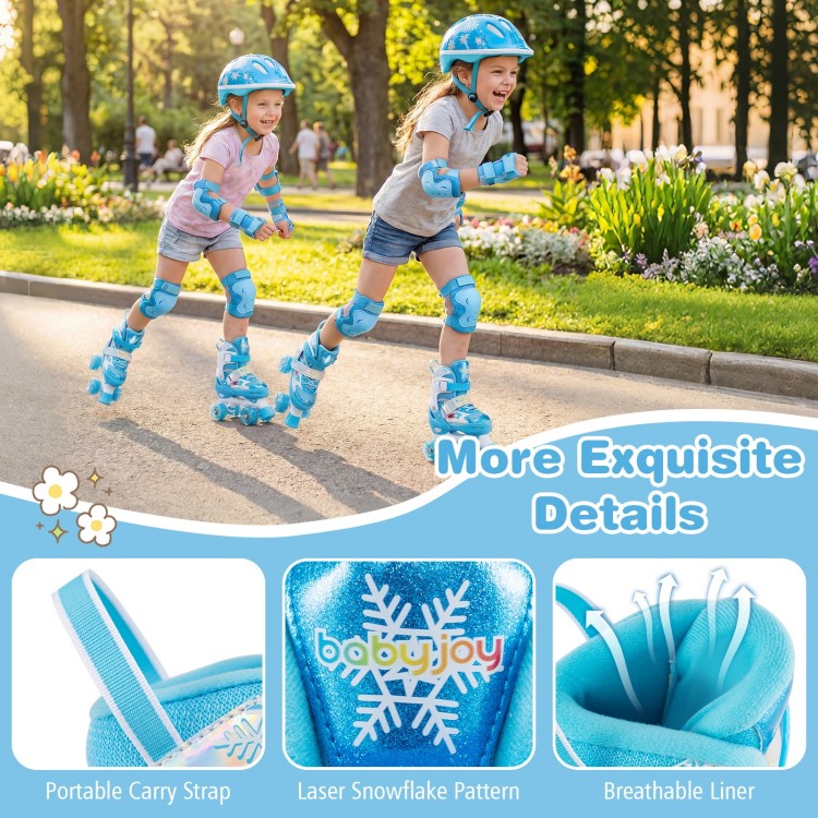 Kids roller skates in blue with adjustable sizes, light-up wheels, and breathable liner for fun and comfort.