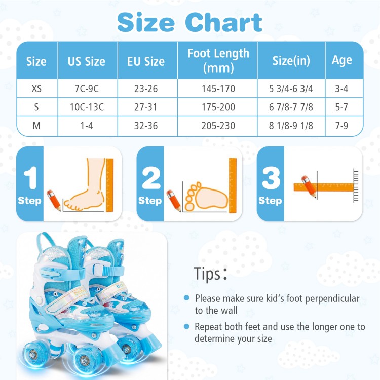 Kids roller skates in blue with adjustable sizes, light-up wheels, and a breathable liner for ages 5-7.