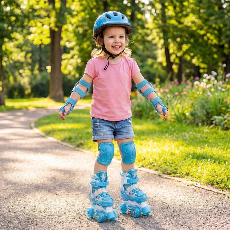 Kids roller skates in blue with light-up wheels, adjustable sizes, and protective gear, perfect for outdoor fun.