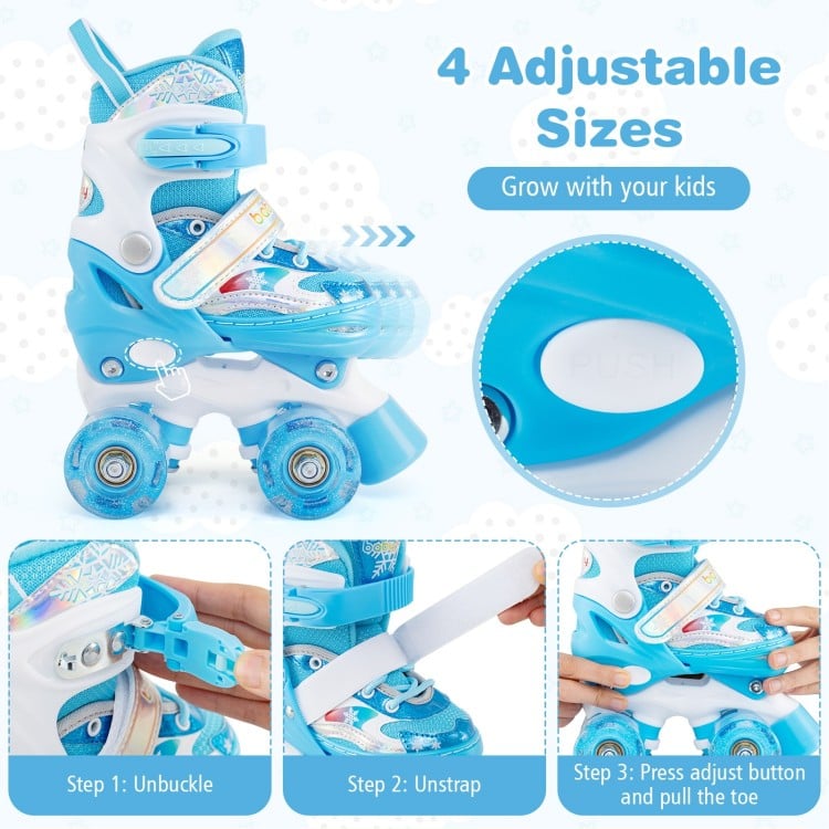 Kids roller skates in blue with adjustable sizes, light-up wheels, and a breathable liner for comfort and fun.