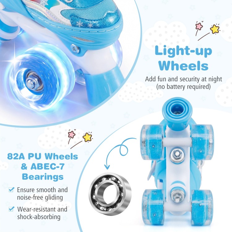 Kids roller skates in blue with light-up wheels, adjustable sizes, and 82A PU wheels for smooth gliding and safety.