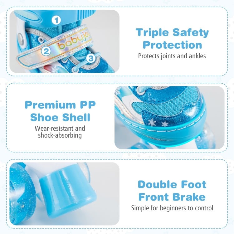 Kids roller skates in blue with adjustable sizes, light-up wheels, and triple safety protection for toddlers aged 3-4.