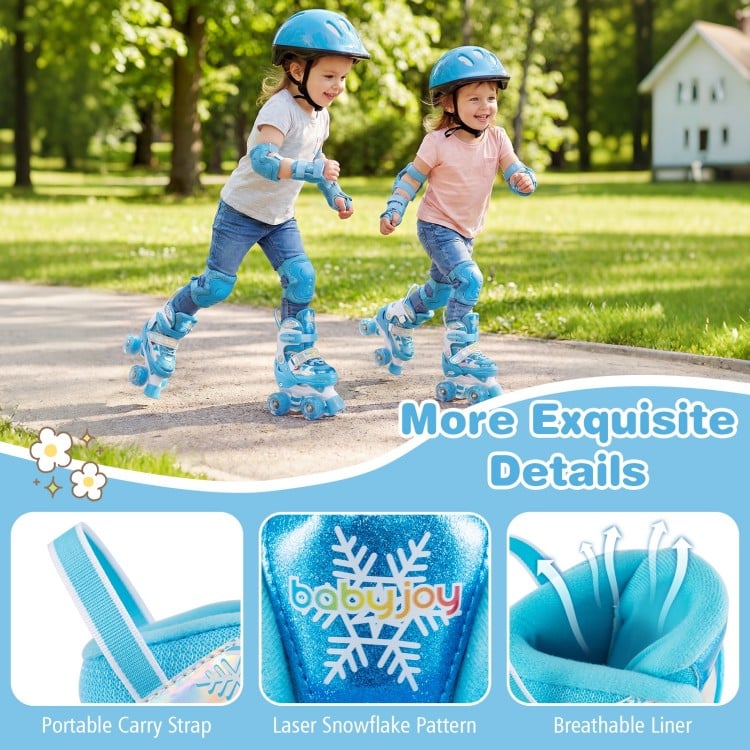 Kids roller skates in blue with adjustable sizes, light-up wheels, and breathable liner for comfort and fun.