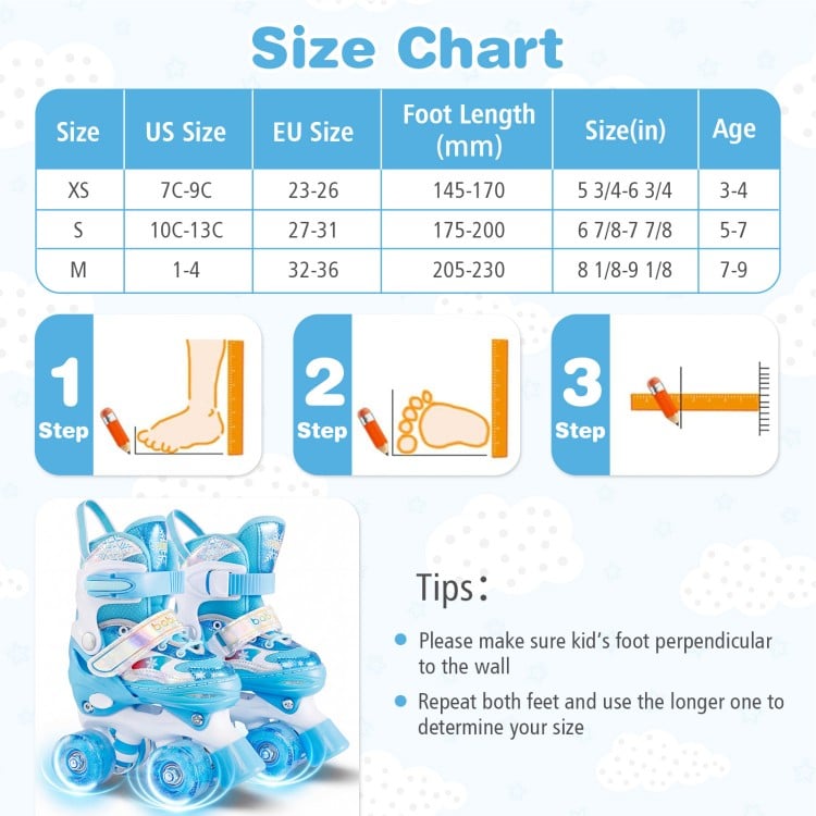 Kids roller skates in blue with adjustable sizes, light-up wheels, and a breathable liner for toddlers aged 3-4.