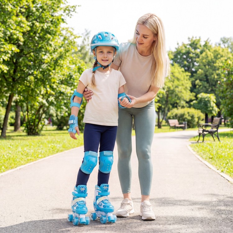 Kids roller skates in navy with light-up wheels, adjustable sizes, and safety gear for secure outdoor fun.