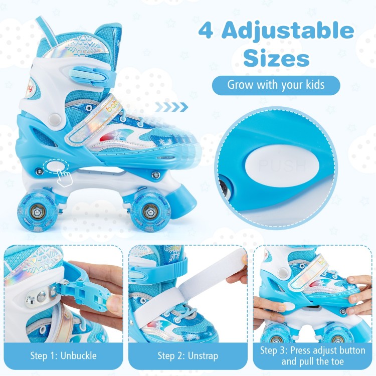 Kids roller skates in navy with light-up wheels, featuring adjustable sizes and safety protection for beginners.