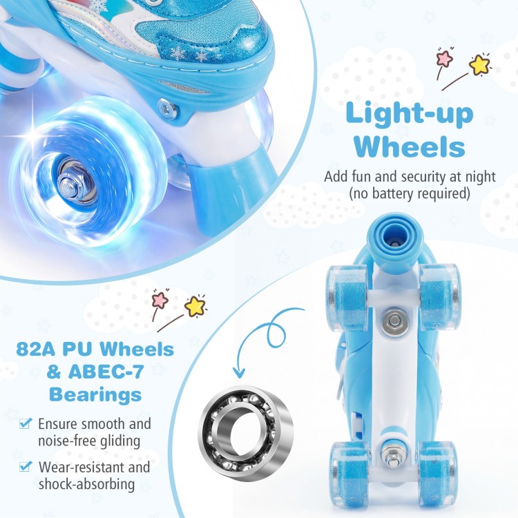 Kids roller skates in navy with light-up wheels, featuring adjustable sizes and wear-resistant 82A PU wheels for smooth.