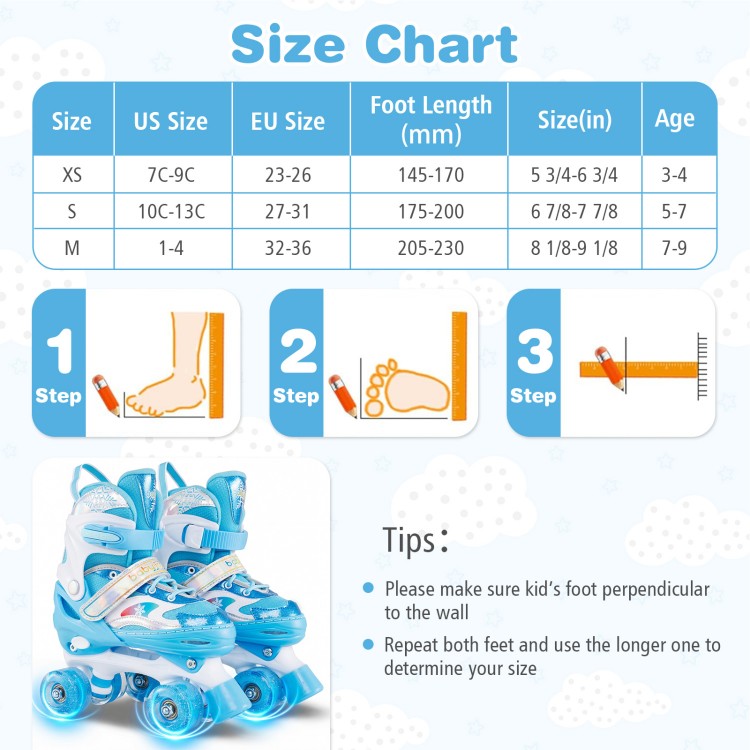 Size chart for adjustable kids roller skates with light-up wheels, featuring safety tips and measurement instructions.