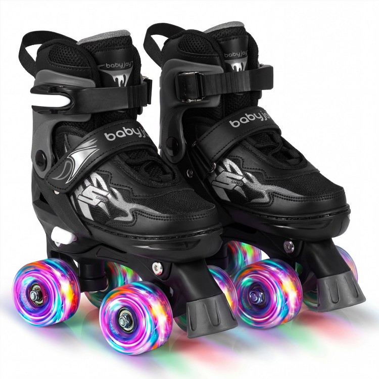 Adjustable kids roller skates in black with light-up wheels, designed for comfort and stability during skating sessions.