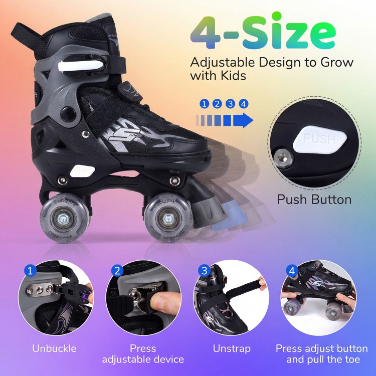 Kids roller skates with adjustable design, light-up wheels, and secure buckles for safe and comfortable skating.