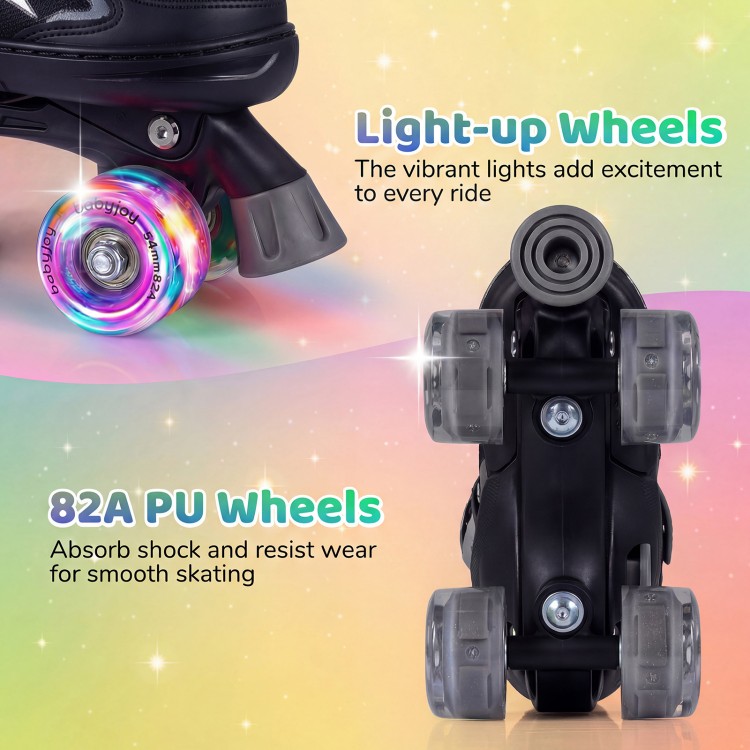 Light-up wheels of adjustable kids roller skates in black, featuring 82A PU wheels for smooth skating and added.