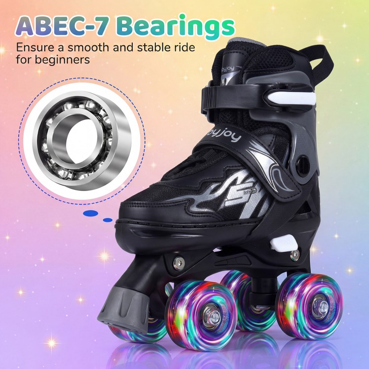 Kids roller skates with adjustable sizes, ABEC-7 bearings, and light-up wheels for a fun and stable ride.