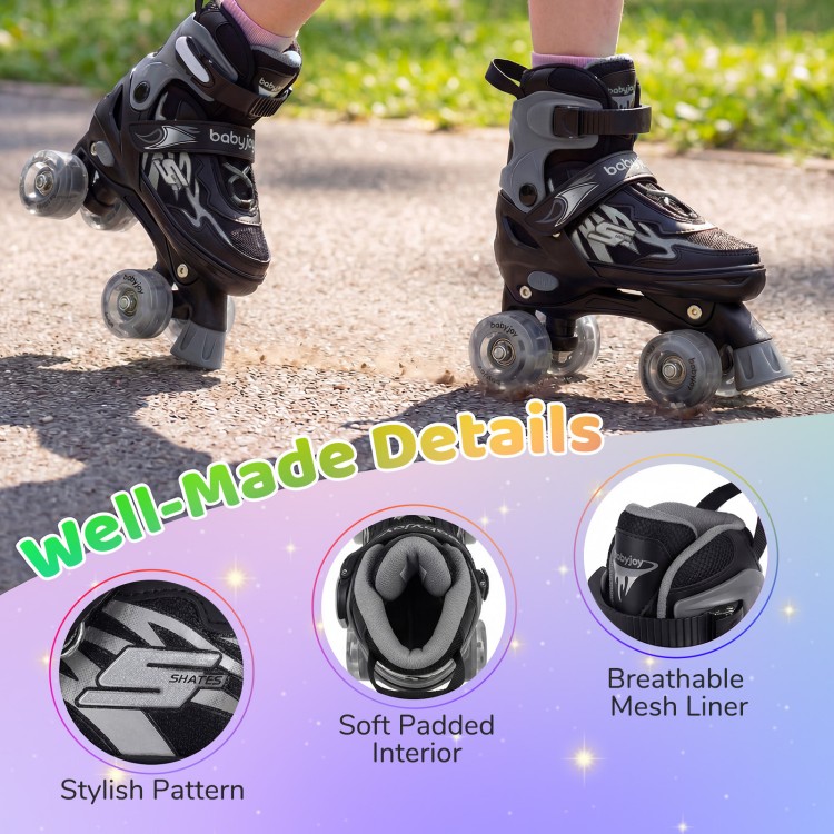 Kids roller skates with adjustable sizes, light-up wheels, and breathable mesh liner for comfortable skating.