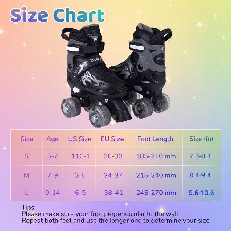 Kids roller skates with adjustable sizes, light-up wheels, and breathable mesh liner for comfort and safety.