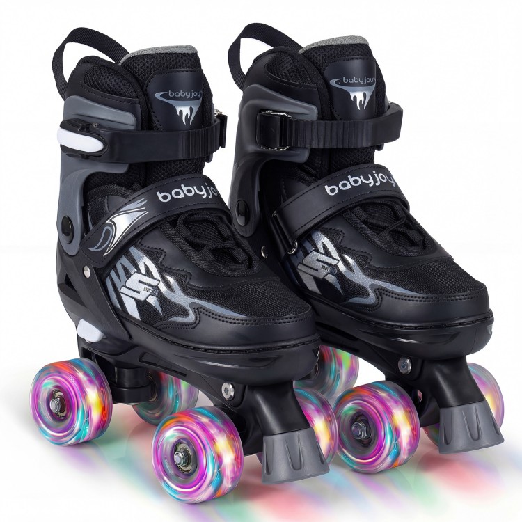 Adjustable black kids roller skates with light-up wheels, designed for comfort and safety during outdoor skating.