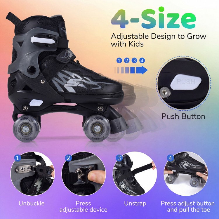 Kids adjustable roller skates in black with light-up wheels, featuring secure laces and breathable mesh for comfort.
