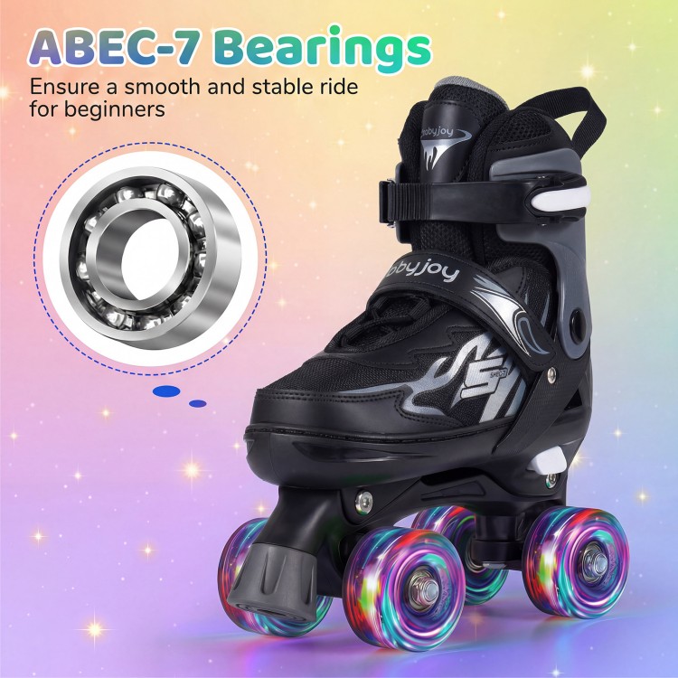 Kids adjustable roller skates in black with light-up wheels and ABEC-7 bearings for smooth outdoor skating.