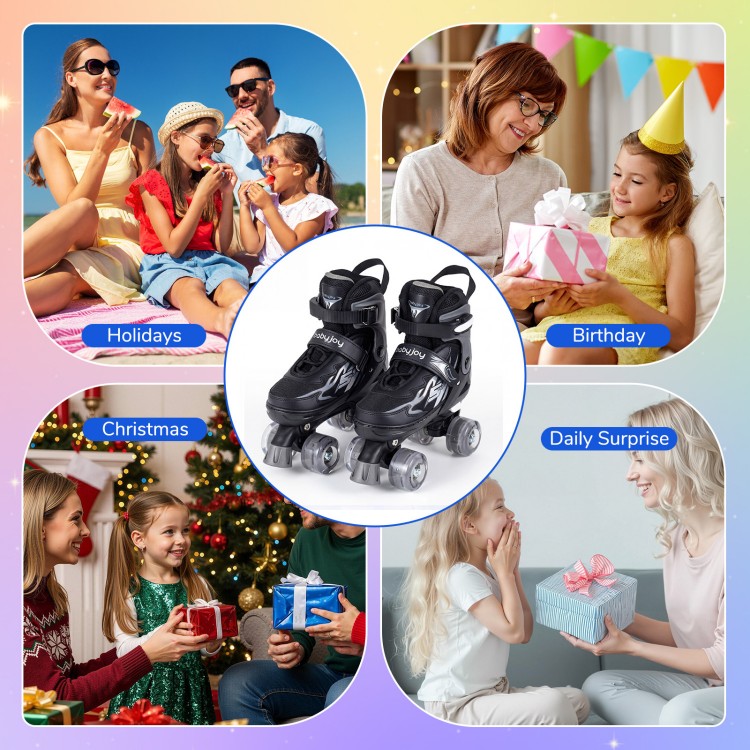 Kids roller skates in black with adjustable sizes and light-up wheels, perfect for outdoor fun and improving balance.