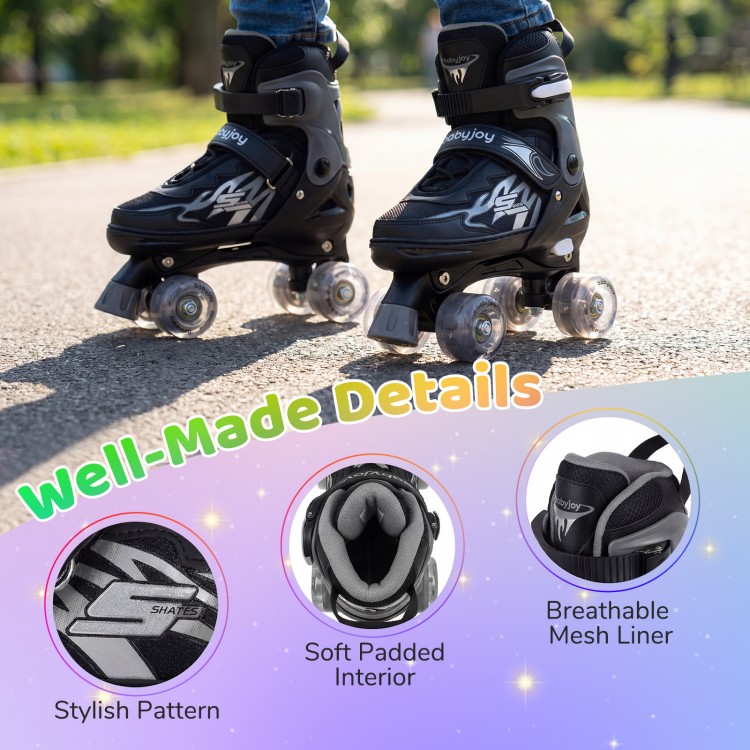 Kids roller skates in black with light-up wheels, featuring adjustable sizes, breathable mesh liner, and stylish design.