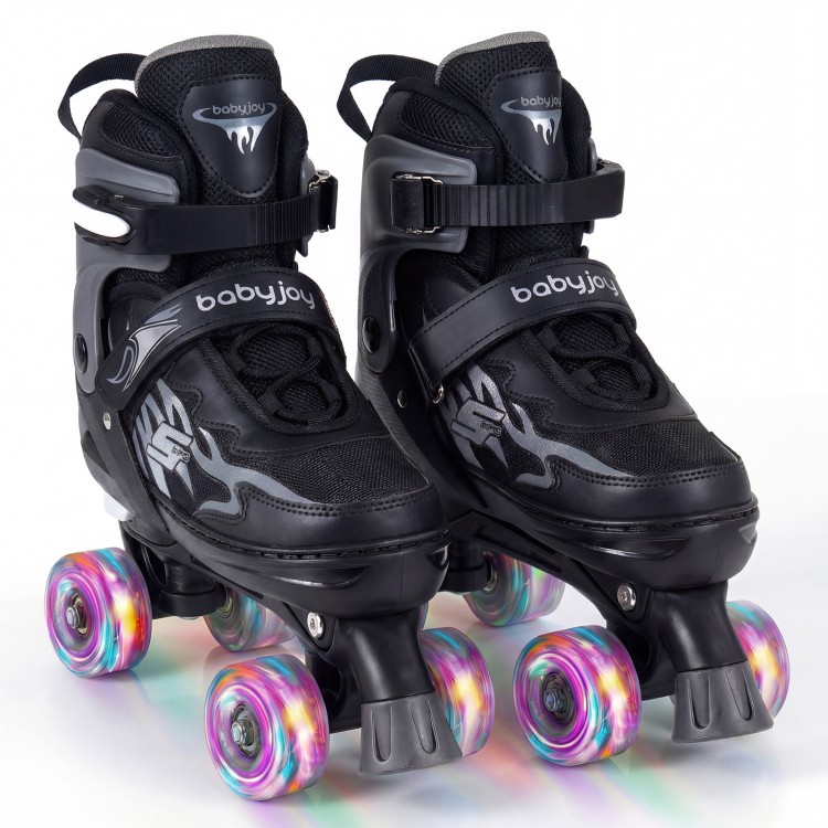 Kids adjustable roller skates in black with light-up wheels, designed for comfort and stability during skating.