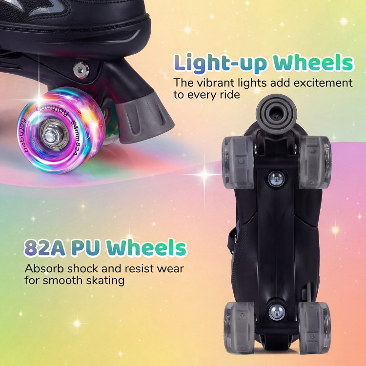 Light-up wheels and 82A PU wheels of adjustable black roller skates for kids, enhancing fun and smooth skating.
