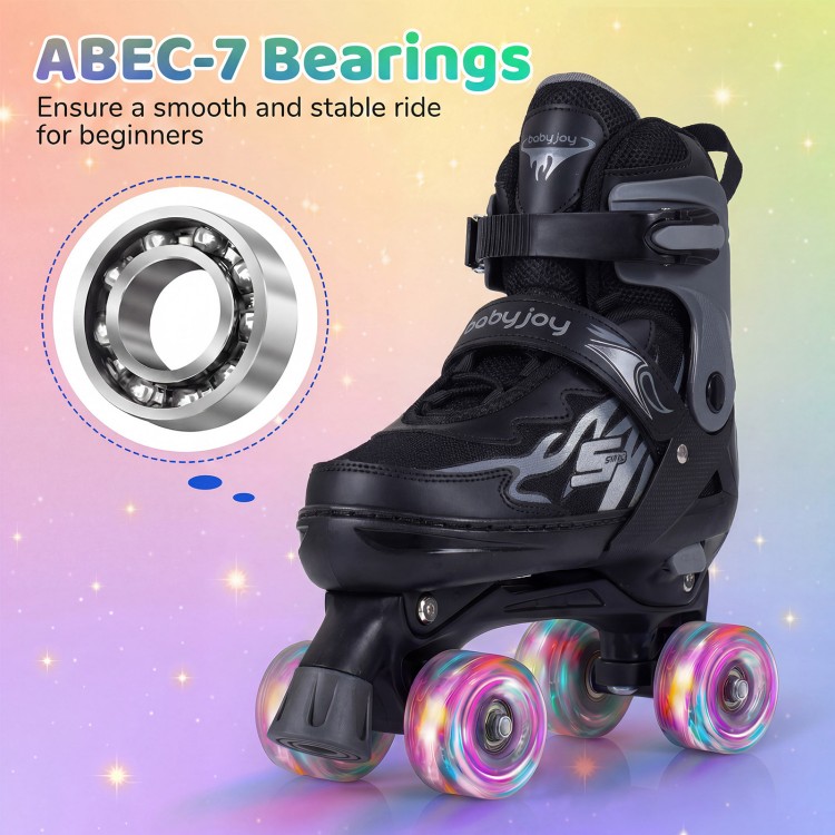 Kids adjustable roller skates in black with light-up wheels, featuring ABEC-7 bearings for smooth and stable rides.