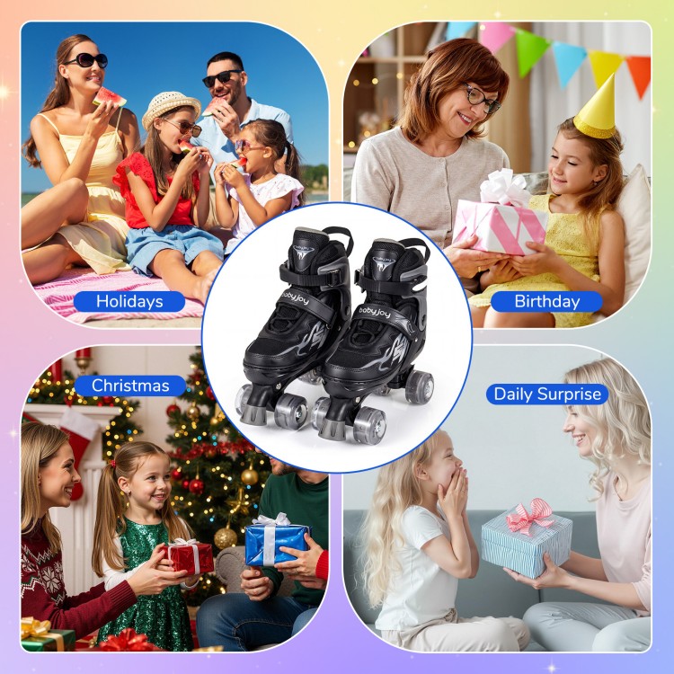 Kids adjustable roller skates in black with light-up wheels, perfect for fun and safe skating experiences.
