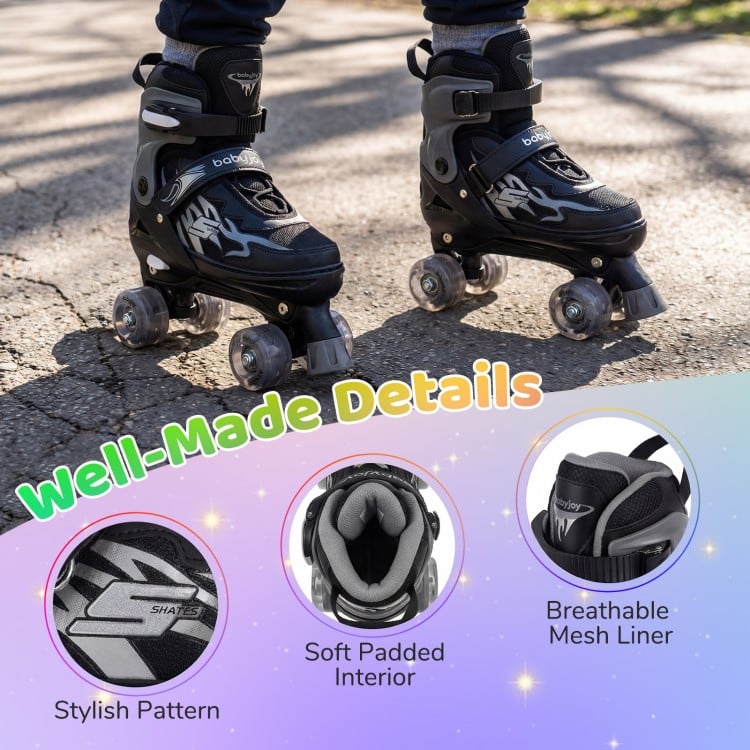 Kids adjustable roller skates with light-up wheels, soft padded interior, and breathable mesh liner for comfort.