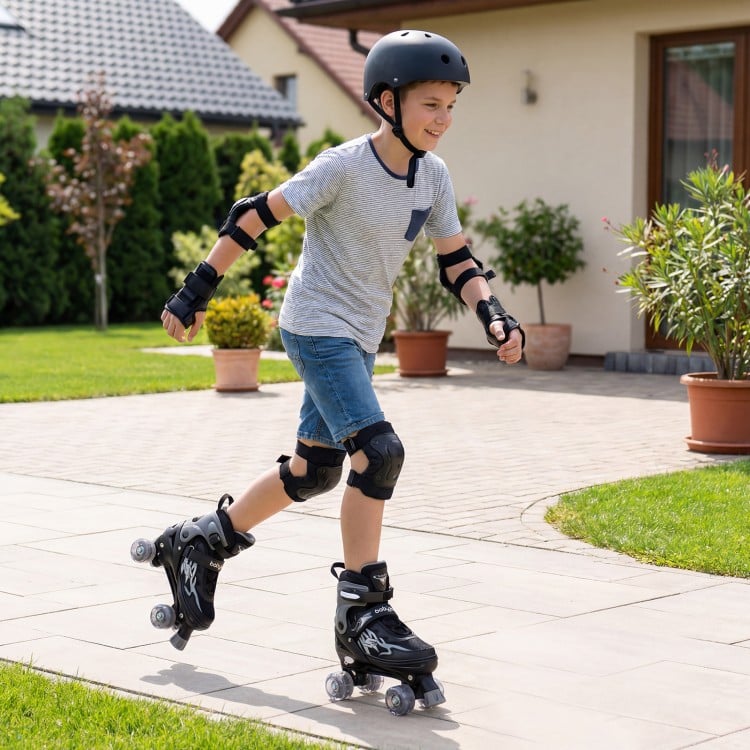 Kids roller skates with adjustable sizes, light-up wheels, and padded interior for comfort while skating outdoors.
