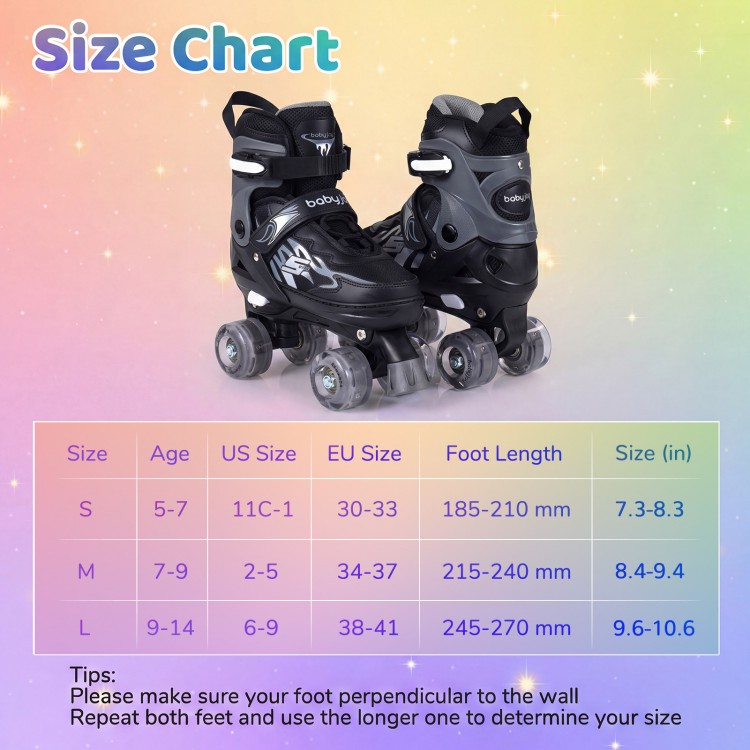 Size chart for adjustable kids roller skates with light-up wheels, showing sizes S, M, and L for optimal fit and.