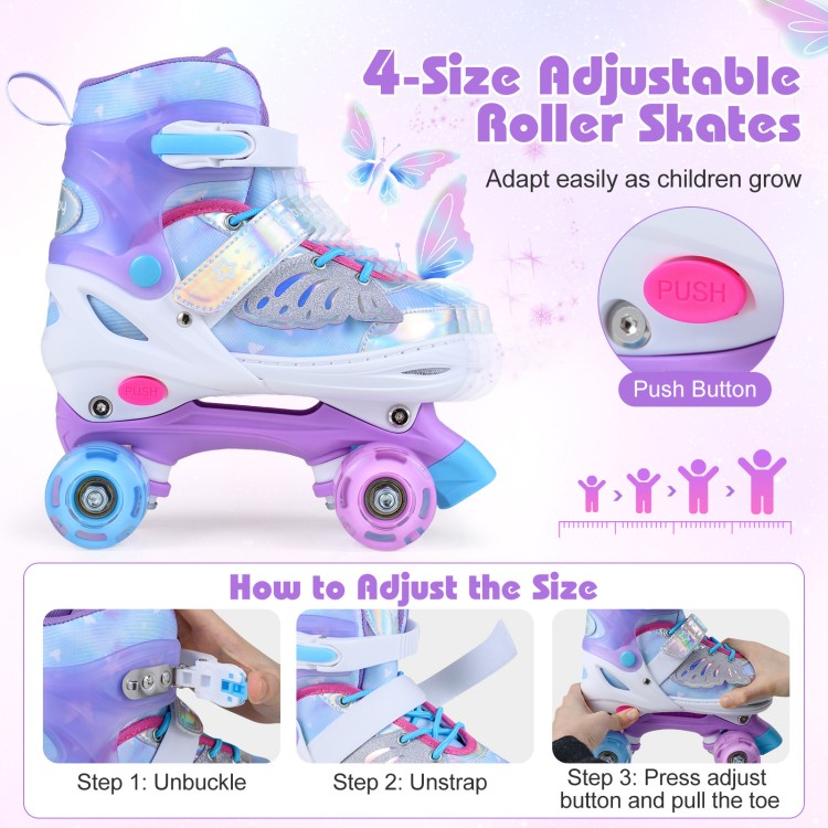 Kids roller skates in blue with adjustable 4-size design and light-up wheels, perfect for toddlers ages 7-9.