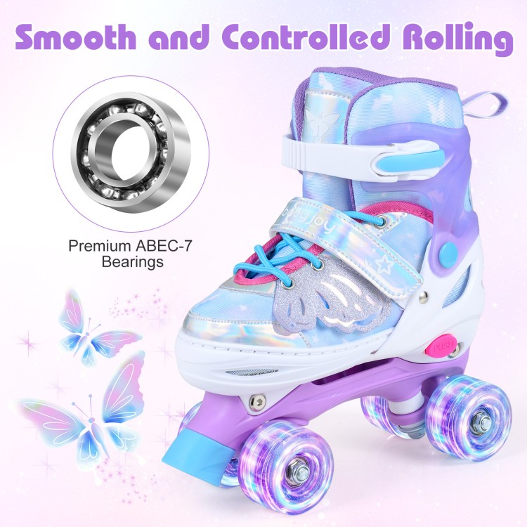 Kids roller skates in blue with butterfly design, featuring adjustable sizing, LED light-up wheels, and ABEC-7 bearings.