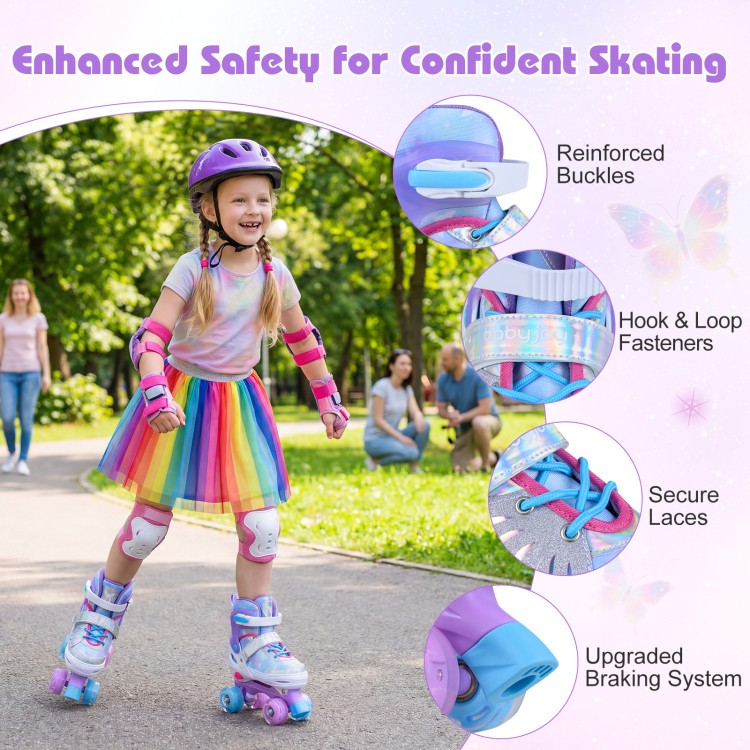 Kids roller skates in blue with light-up wheels, featuring reinforced buckles and a secure fit for toddlers ages 7-9.