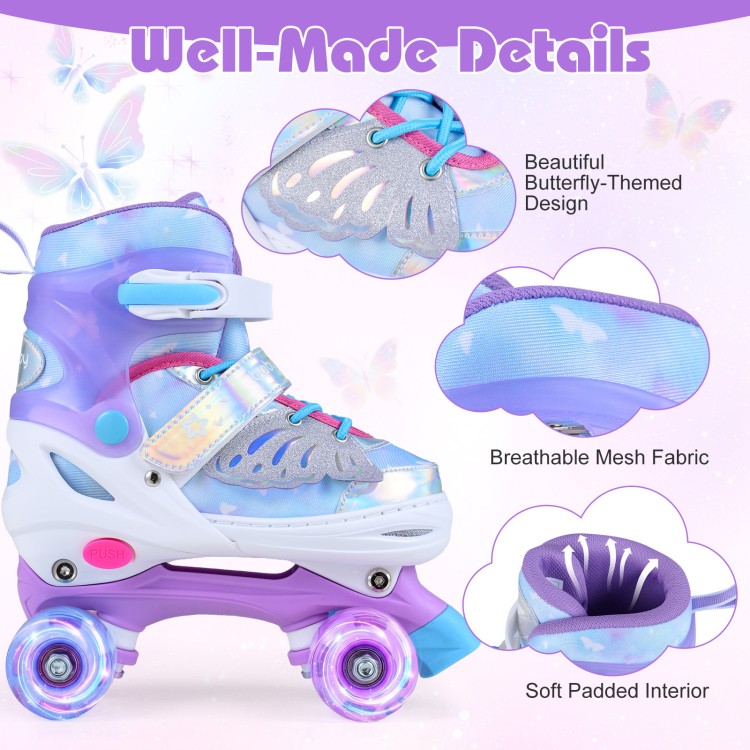 Kids roller skates in blue with butterfly design, featuring adjustable sizing, breathable mesh, and light-up wheels for.